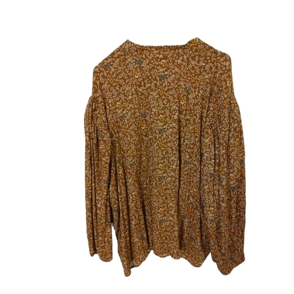 A.n.a. Brown floral design, Boho Tie Neck, Puff Sleeved, Plus Sized Top 2X - Picture 3 of 7